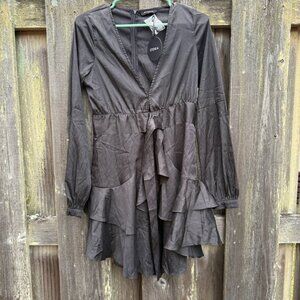 Mini Dress Black Medium Ruffle Hem Deep V Neck Long Sleeve